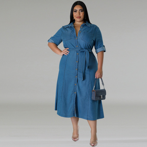 Plus Size Denim Lapel Belt Midi Dress GDAM-218602