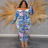 Plus Size One Shoulder Print Long Sleeve Maxi Dress GDAM-218509