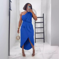 Solid Pleated Single Shoulder Split Long Dress NY-10828