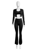 Long Sleeve Short Tops And Micro Flare Pants Sport Suit CH-24046