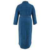 Plus Size Denim Lapel Belt Midi Dress GDAM-218602