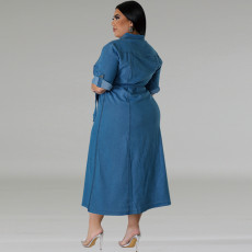 Plus Size Denim Lapel Belt Midi Dress GDAM-218602