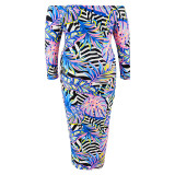 Plus Size One Shoulder Print Long Sleeve Maxi Dress GDAM-218509