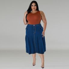 Plus Size Casual Loose Solid Denim Half Body Skirt GDAM-218608