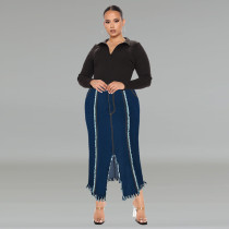 Plus Size Fashion Tassel Split Denim Long Skirt GDAM-218606
