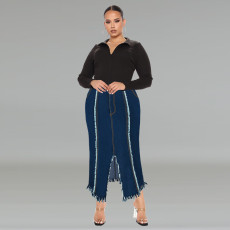 Plus Size Fashion Tassel Split Denim Long Skirt GDAM-218606