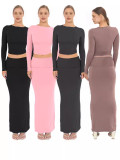 Solid Color Long Sleeve Long Skirt 2 Piece Set MZ-WX001