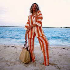 Plus Size Striped Sweater Loose Two Piece Pants Set FSXF-663