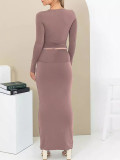 Solid Color Long Sleeve Long Skirt 2 Piece Set MZ-WX001