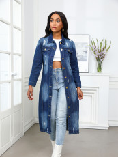 Long Ripped Denim Trench Coat Jacket GQDH-9932