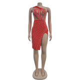 Hot Drill Mesh Patchwork Backless Midi Dress BY-6968