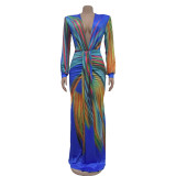 Fashion Pleated Color Block Plus Size Maxi Dress BY-6952