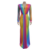 Fashion Pleated Color Block Plus Size Maxi Dress BY-6952