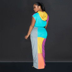 Color Block Print Short Sleeve Drawstring Hooded Dress BY-6975