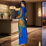 Fashion Pleated Color Block Plus Size Maxi Dress BY-6952