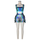 Metallic Wrap Chest Tassel Back Shorts Fashion Set ZSD-0698