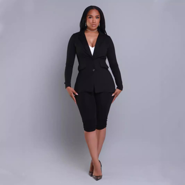 Long Sleeve Blazer Solid Two Piece Shorts Set SFY-499