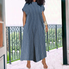 Plus Size Stripe Print Sleeveless Loose Denim Maxi Dress GDAM-218527