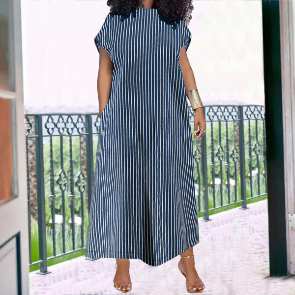 Plus Size Stripe Print Sleeveless Loose Denim Maxi Dress GDAM-218527
