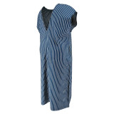 Plus Size Stripe Print Sleeveless Loose Denim Maxi Dress GDAM-218527