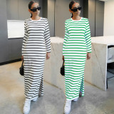 Stripe Print Long Sleeve Split Maxi Dress SFY-515