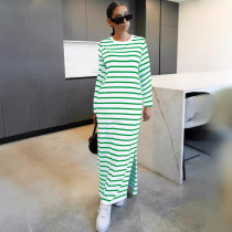 Stripe Print Long Sleeve Split Maxi Dress SFY-515