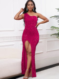 Slant Shoulder Split Sequin Gowns Long Dress GMLF-3288