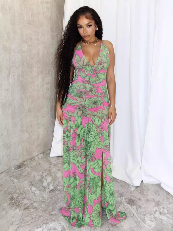 Print Sleeveless Backless Split Maxi Dress QODY-6044
