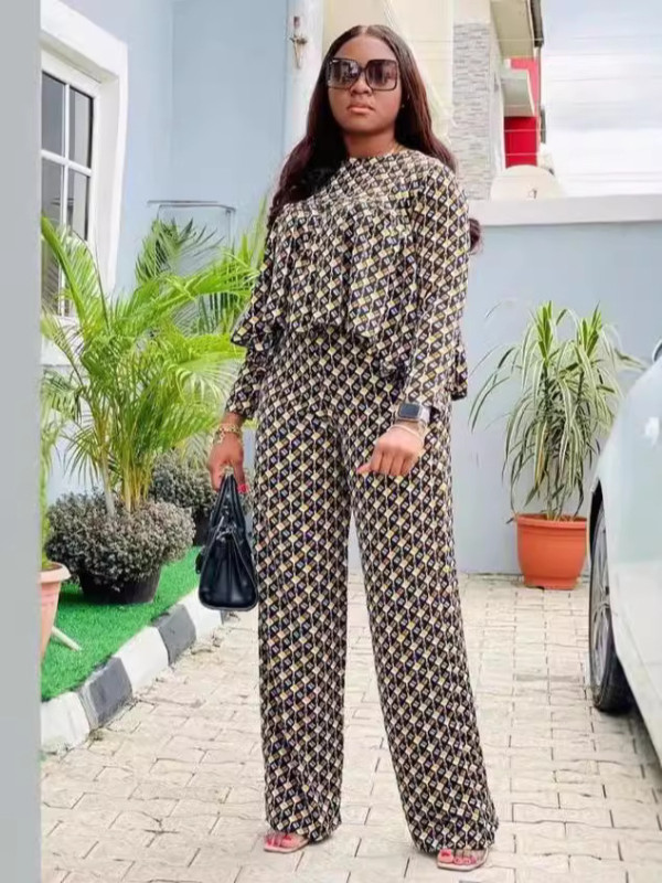 Plus Size Loose Print Long Sleeve Pants Set GAWE-6291