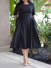 Plus Size 3/4 Sleeve Solid Color Midi Dress GAWE-6309