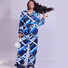 Casual Long Sleeve Print Shirt Wide Leg Pants Set HNIF-2306
