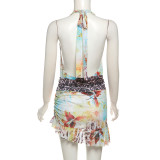 Deep V Neck Tie Up Halter Print Dress XEF-51242