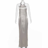 Sexy Halter Backless Solid Color Maxi Dress XEF-50913