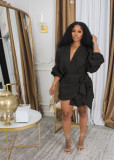Solid Color V Neck Tie Up MinI Dress SFY-2776
