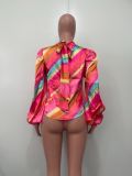 Fashion Pleated Tie Colorful Printed Shirt OLYF-6153