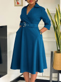 Solid Color 3/4 Sleeve Lapel Midi Dress GMLF-3290