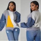 Loose Color Block Patchwork Jeans Sleeve Sweater OD-8703