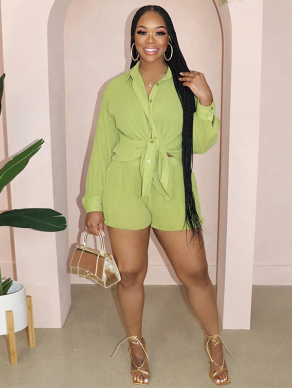 Solid Color Loose Lapel Shirt Two Piece Shorts Set MIL-012