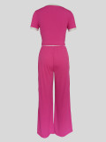 Ribbed Contrast Color Short Sleeve Pants 2 Piece Set MIL-033
