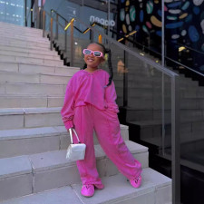 Kids Girl Solid Long Sleeve Straight Pants Two Piece Set GYAY-8106