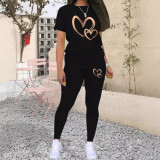 Gradient Gold Heart Print Short Sleeve T-Shirt Set WSYF-00002