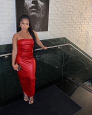 Sexy Solid Color Wrap Chest PU Leather Maxi Dress TE-4698