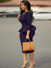 Solid Color Round Neck Ruffle Midi Dress MIL-T048