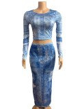 Denim Print Long Sleeve Two Piece Skirts Set GADE-5945