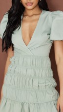 Ruched Lantern Sleeve Deep V Mini Dress GADE-5003
