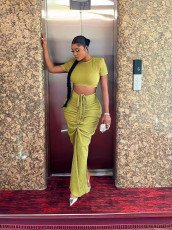 Short Sleeve Solid Crop Top Drawstring Long Skirt 2 Piece Set GADE-8302