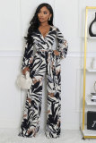 Long Sleeve V Neck Tie Up Print Jumpsuit XHXF-8703