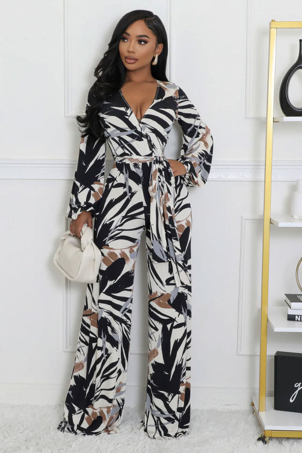 Long Sleeve V Neck Tie Up Print Jumpsuit XHXF-8703