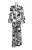Long Sleeve V Neck Tie Up Print Jumpsuit XHXF-8703