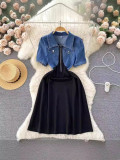 Contrast Color Patchwork Denim Midi Dress GADE-9826